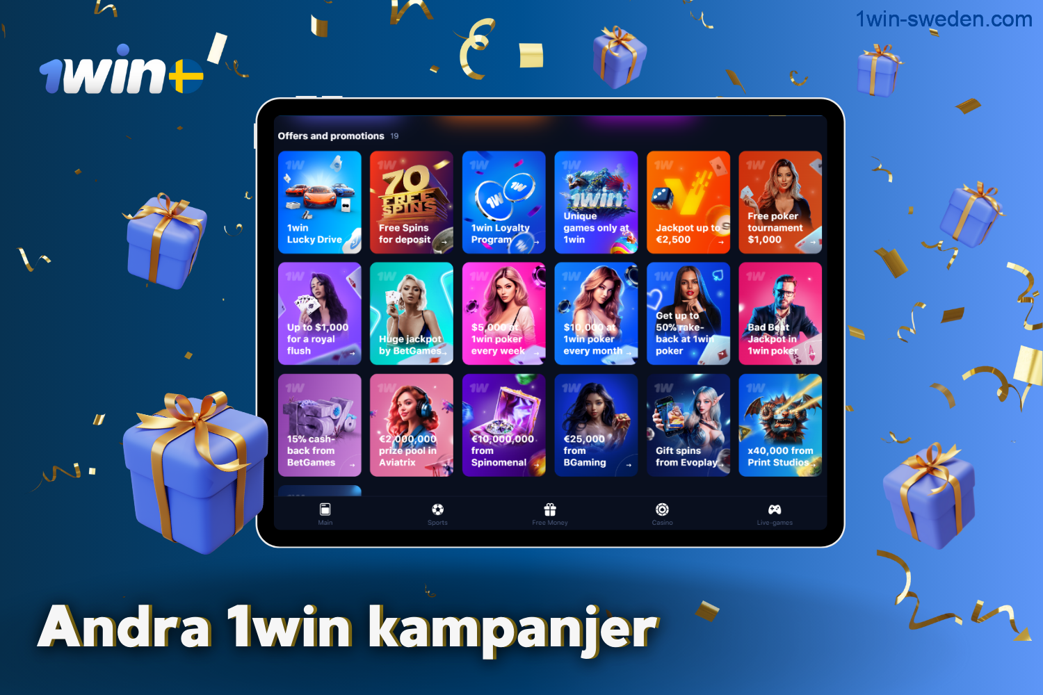 Swedish users can find a lot of promotional offers and bonuses in the promotions section of 1win