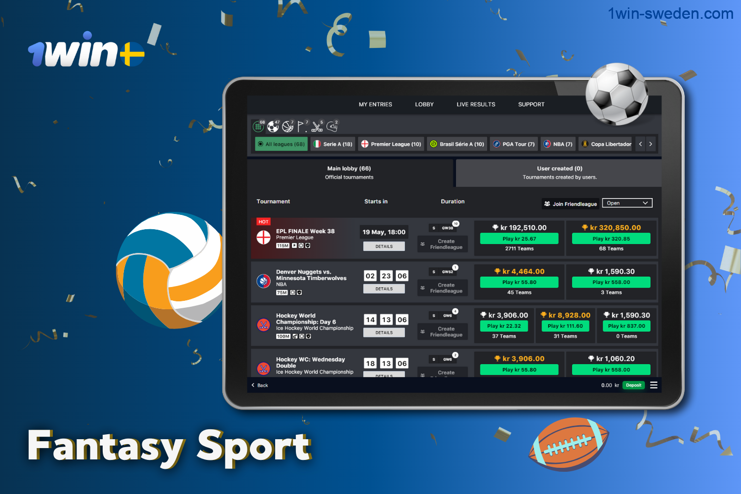 The 1win website for users from Sweden has a fantasy sports section