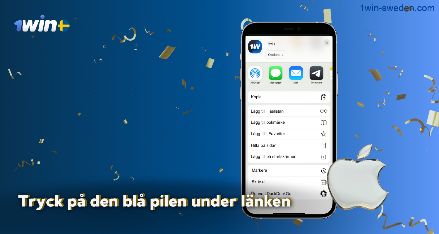 To download the 1win app for iPhone, after clicking on share, users from Sweden will see the following menu